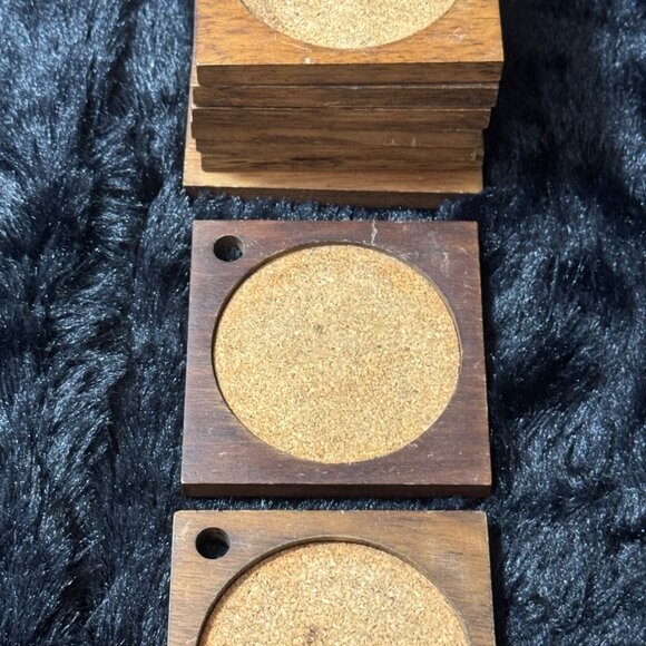 Vintage Wooden & Cork Square Drink Coasters From Japan Set Of 8 - Picture 4 of 5